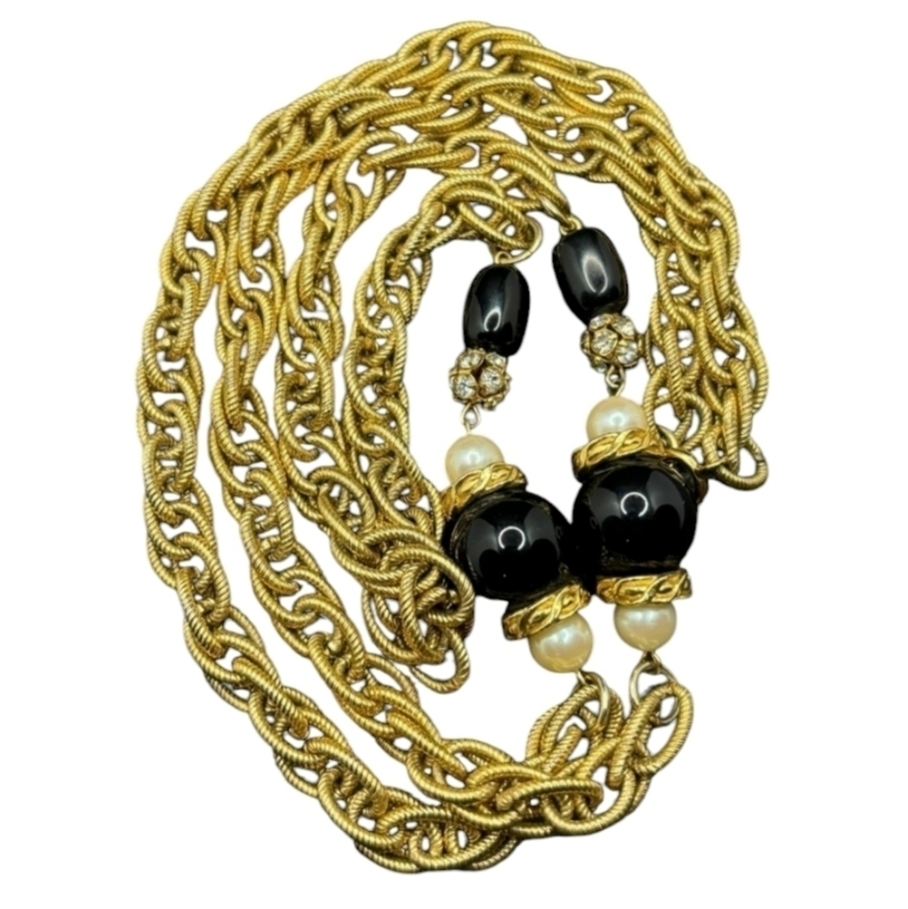 Vintage Gold Tone Faux Pearls Black Balls Rhinestones Chain Necklace - Picture 5 of 7